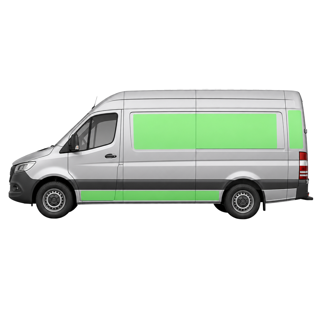 Schaubild Fahrzeugbeschriftung: Seiten- und Heckflächen eines Transporters für Logo, Kontaktdaten und Digitaldruck